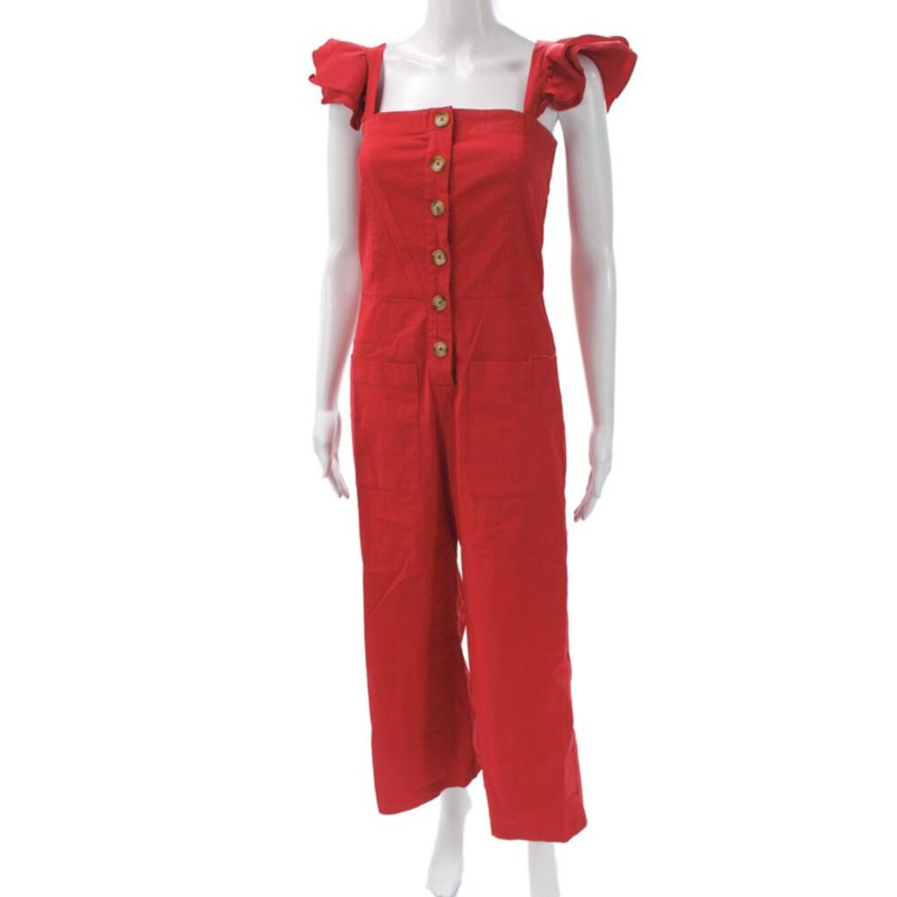 Sea Women Red Sleeveless Square Neck Button Linen Jumpsuit Size 2